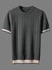 Italian Color-Block Men's Knit: Breathable Jacquard Texture, Loose Fit, Contrast Color, Round Neck, Short Sleeve.