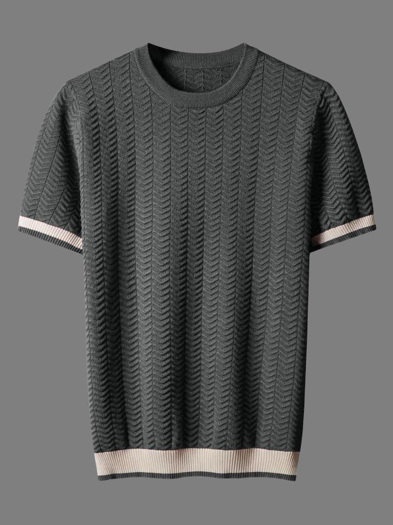 Italian Color-Block Men's Knit: Breathable Jacquard Texture, Loose Fit, Contrast Color, Round Neck, Short Sleeve.
