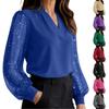 Women's Casual V-Neck Long Sleeve Top with Mesh and Sequins