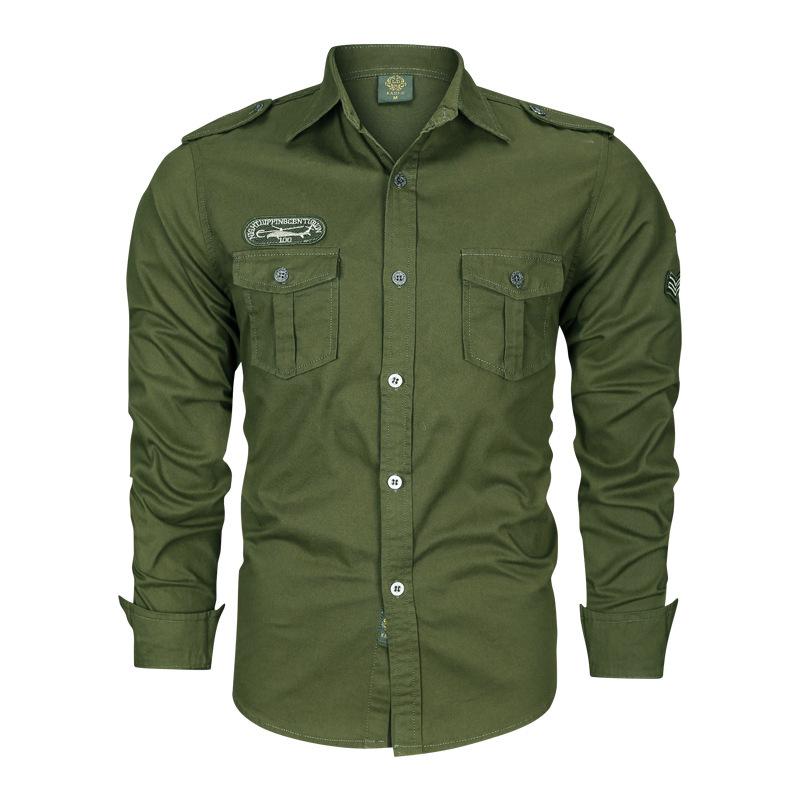 

2026 New Men s Military Style Cotton Long Sleeve Shirt - European & American Style for Spring/Autumn M армия зеленый