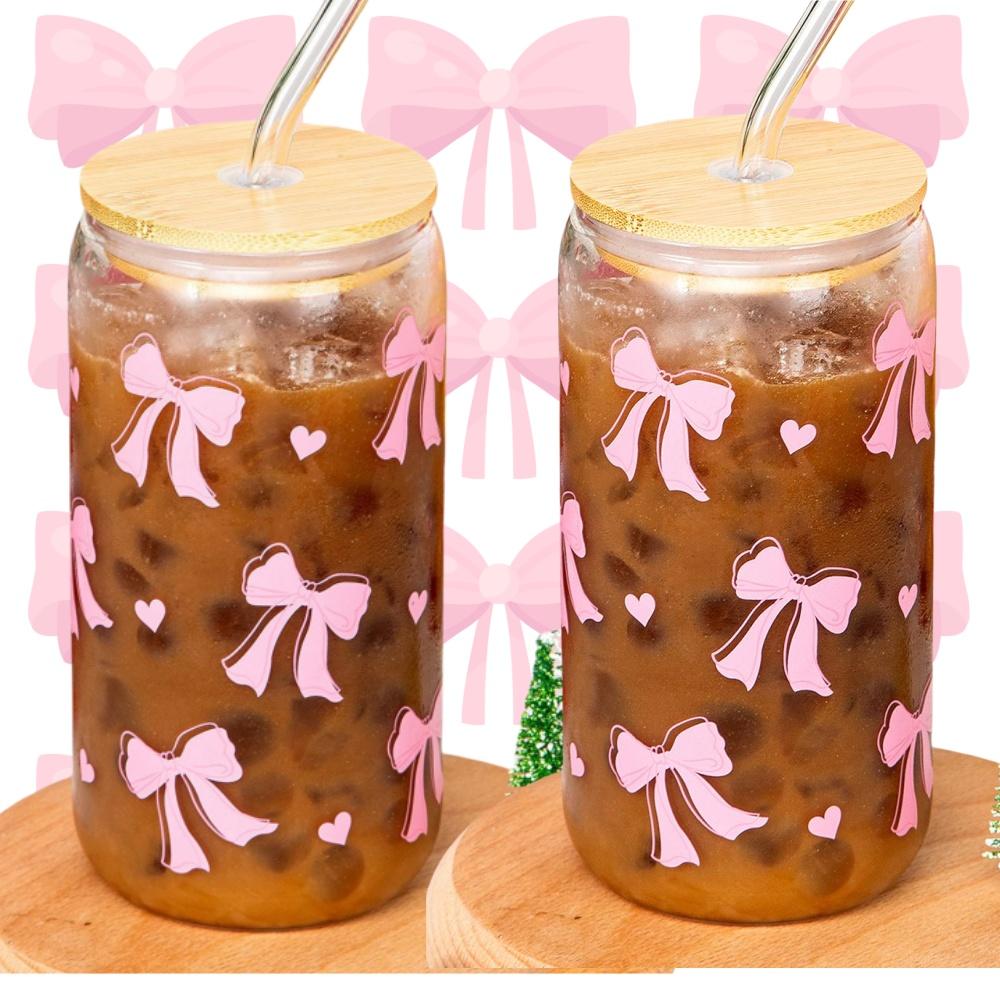 500ml/16.9oz Sklenice s třešňovým mašlí, Tumbler ve tvaru zednické sklenice, Láhev na vodu s víčkem a brčkem, na ledovou kávu, džus, nápojový pohár, dárek