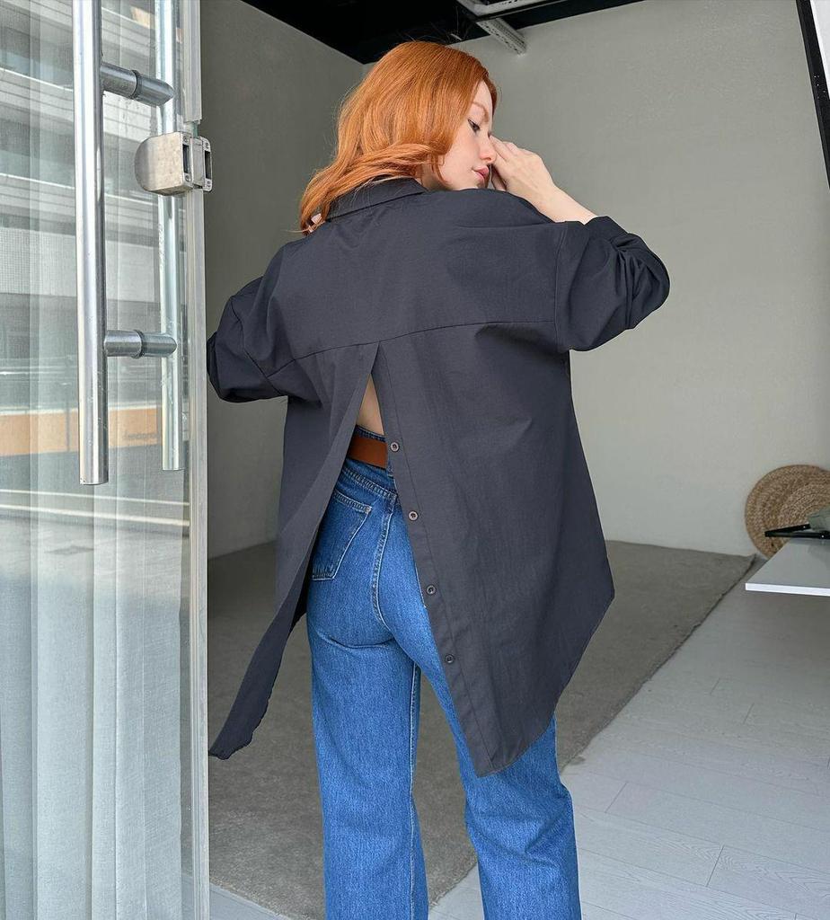 European and American Women's Solid Color Long-Sleeve Back Slit Loose Shirt - Autumn 2023 Fashion.