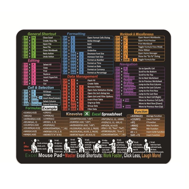 Office Desk Accessory Excels Function Mousepad Stitched Border Waterproof Fabric Quick Reference Guide