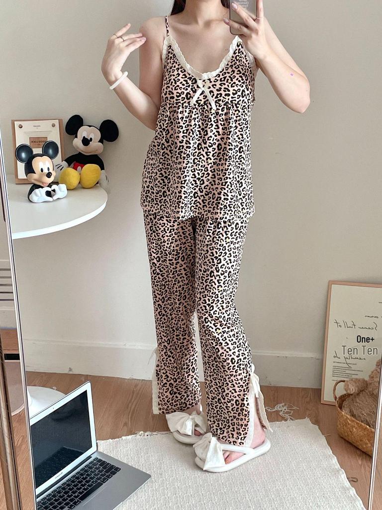 2023 Summer Women's Retro Floral Spaghetti Strap Long Pants Pajamas