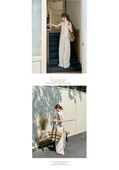 Women's 2026 Summer Linen Suit: Thin Style Vest & Wide-Leg Pants Two-Piece Set