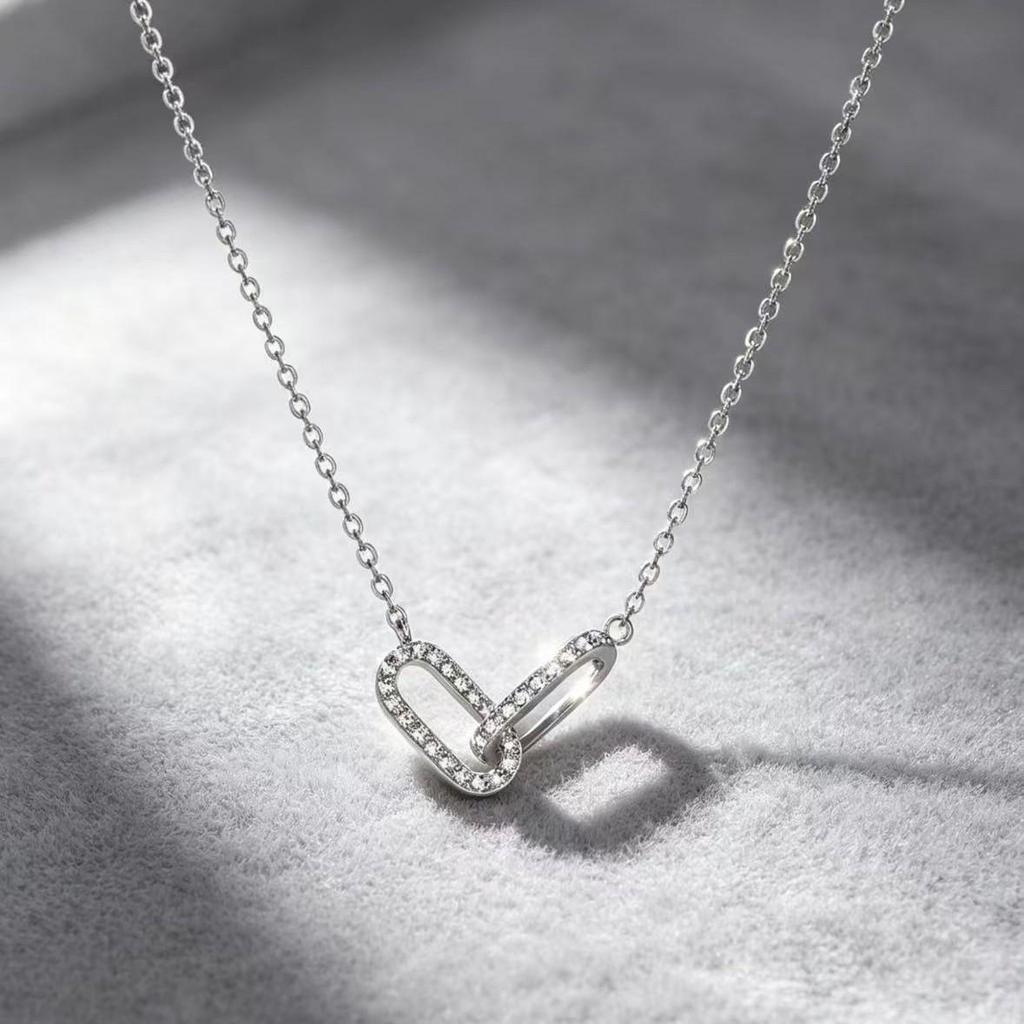 Copper Zirconia Paperclip Pendant Necklace with Double Oval Ring Brooch for Women