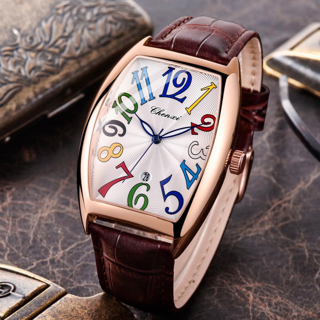CHENXI 8217 OriginalWatch Top Brand Tonneau Quality Quartz Wristwatch Date Waterproof Leather Watch for Man Luminous Luxury