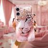 Cute Crystal Leopard Pink Metallic Tempered Glass Phone Case For iPhone 11 12 13 14 15 16 17 Pro Max 15 14 Plus 17 Air 17E Cover