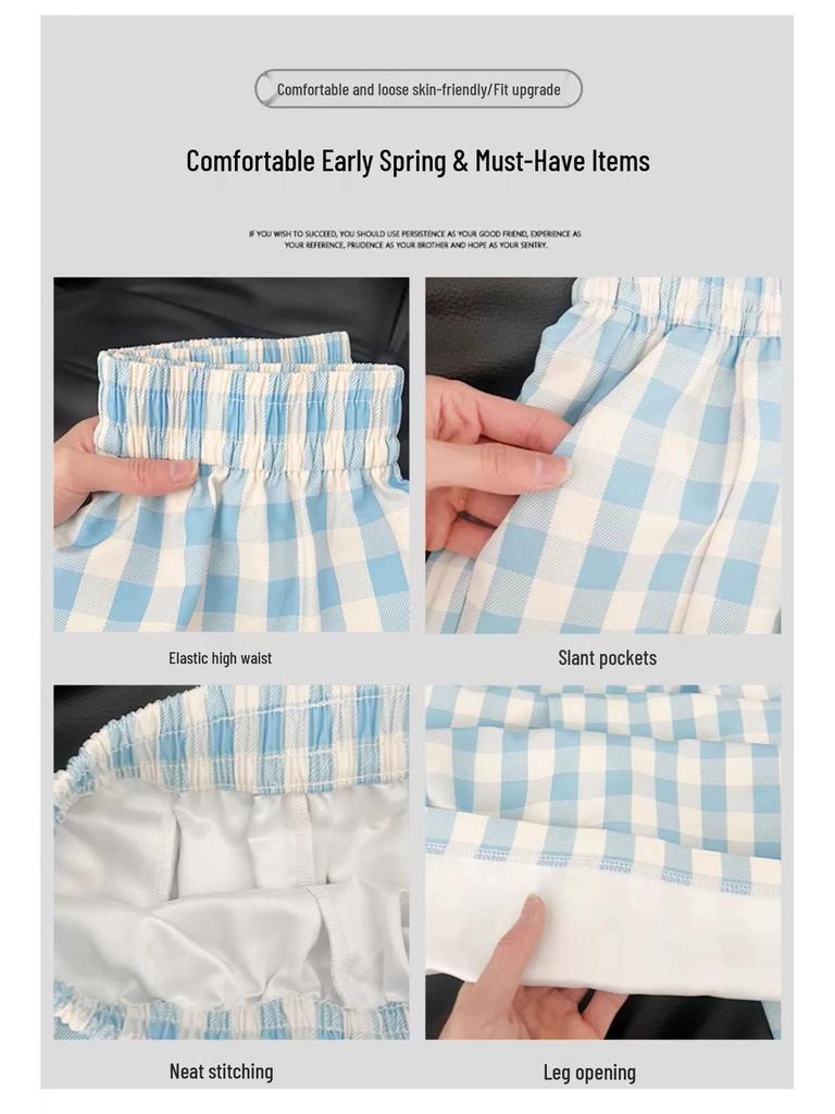 Women's High Waist Blue Plaid Wide-Leg Pants - Petite, Loose-Fit, Casual Summer Style