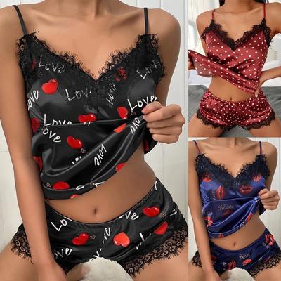 Women's Two Piece Lace Love Heart Lips Dot Kawaii Print V Neck Silk  Comfortable Pajamas Elegant Homewear Set