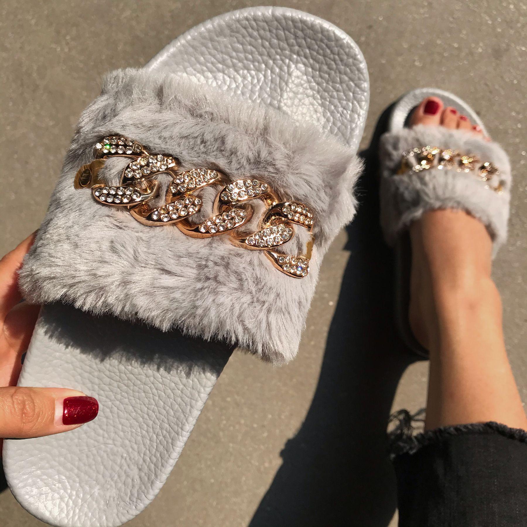 Новые летние плюшевые тапочки Chain Flash Diamond Plush Slippers Повседневные шерстяные — фото 3
