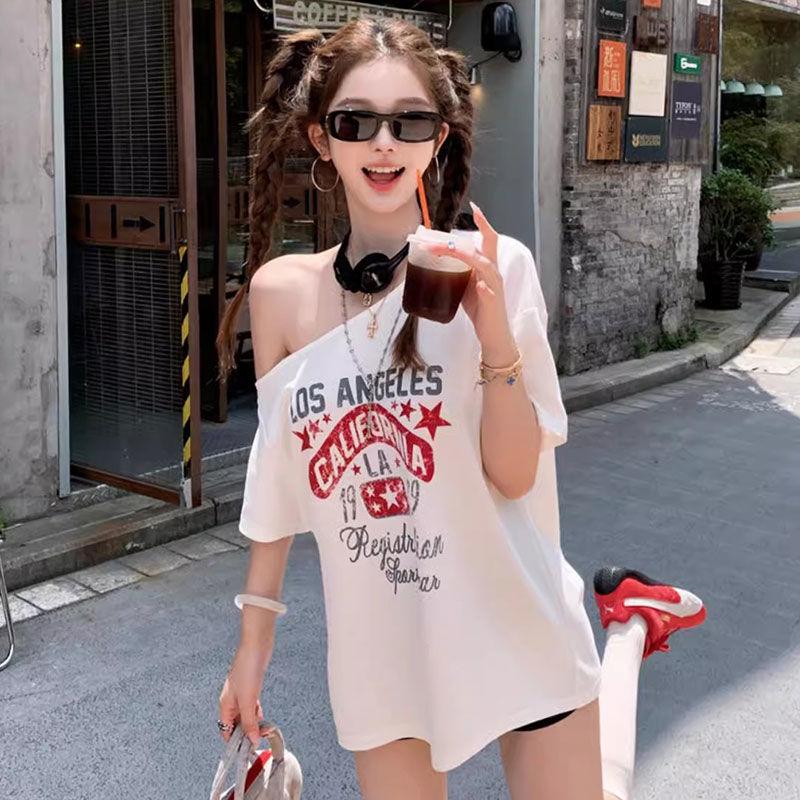 

Летняя новинка Pure Desire Wind Slant Shoulder Spicy Girl Pure Cotton Футболка с короткими рукавами для женщин Свободный и тонкий универсальный дизайн Топ для женщин XL белый