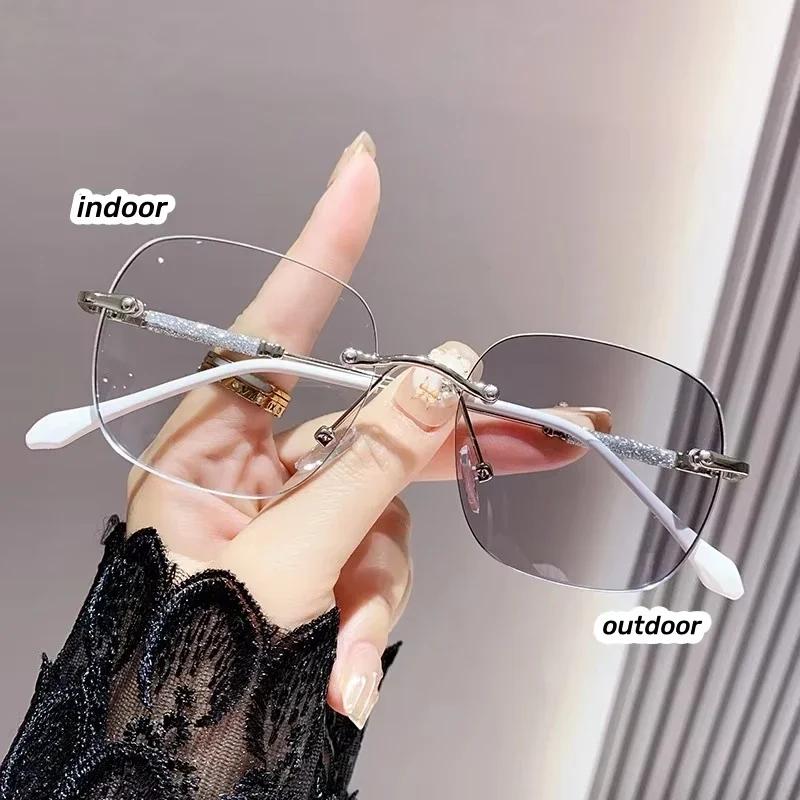 Rimless Pochromic Reading Glasses for Women Men Unisex Blue Light Blocking Presbyopia Fashion Rimless Color Changing Eyewear