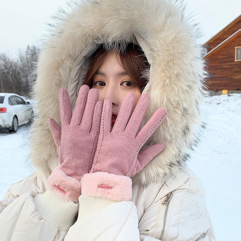 Women In Winter, Thickened with Velvet, Warm for Riding and Driving, To Protect Against Cold Wind, Cute Wool Touch Screen Winter Plush Gloves
