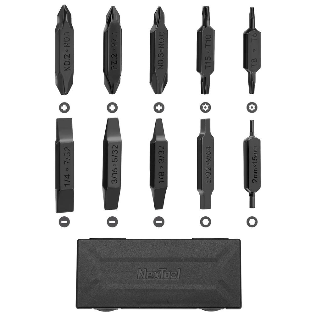 NexTool Bit 10 Screwdriver Bits for Pocket Tool and Torx with Storage Case Set, Double-Ended Multi-Tools, E1, Flagship, Captain, Slotted, Phillips,
