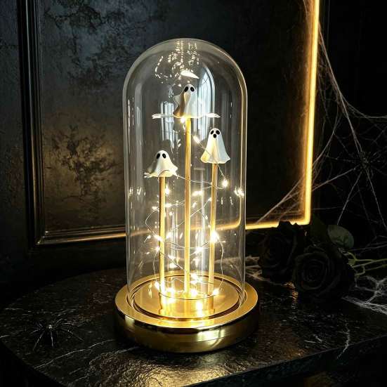 Decorative Ghost Figurine Halloween Indoor Light Up in Dome Cloche, Cute 3 Mini Scene Prop Night with Warm LED for Party Home Table Kitchen Fireplace