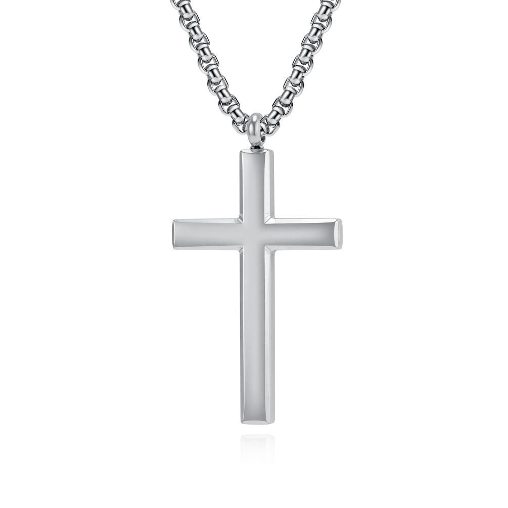 Ins European and American Simple Titanium Steel Cross Necklace Smooth Beveled Geometric Three-dimensional Cross Pendant Sweater Chain 60CM