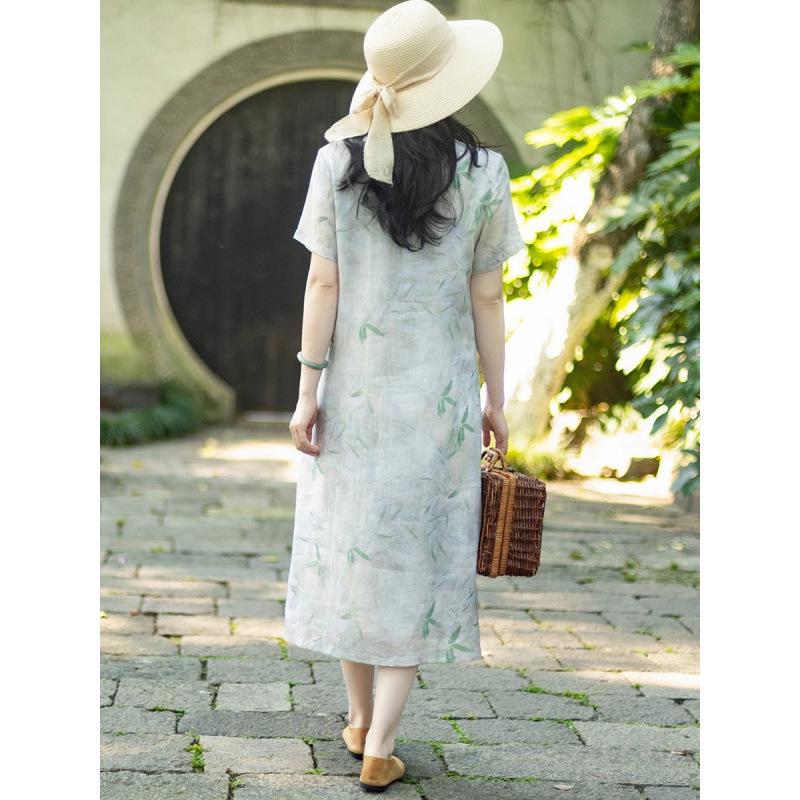 V-neck A-line Dress with Literary Bamboo Leaf Print and Frog Buttons