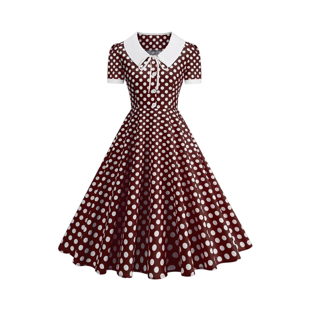 Damen Vintage V-Ausschnitt Knopfleiste Pünktchen Kleid mit ausgestelltem Saum Kurze Ärmel Retro Fit and Flare Kleid für den täglichen Gebrauch
