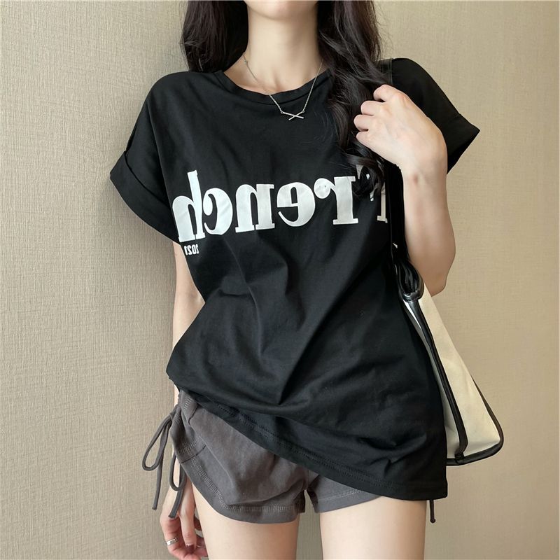 Women Spring Summer Letter Solid Color Short Sleeved T-shirt O-Neck Loose Blouses Pullover Top M-XXL