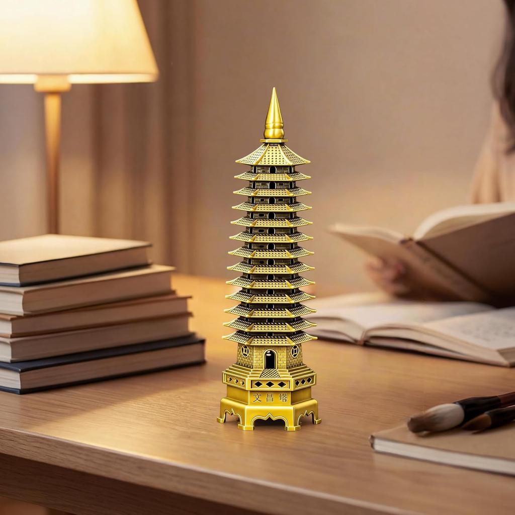 Aris & Juno 13-Tier Brass Pagoda Statue, 7 Inch Wen Chang Tower, Desk Decor for Home Office Study, Feng Shui Symbol for Education & Career Success,