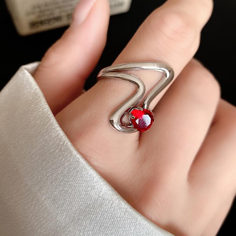 Red Zircon Smooth Heart-Shaped Open Ring Simple  Finger Rings Jewelry For Women