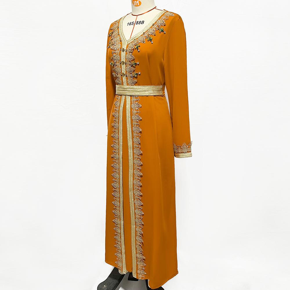 Women's Clothes Solid Color Handmade Rhinestone Stitching Lace Slim Fit Fake Two Piece Muslim Dress