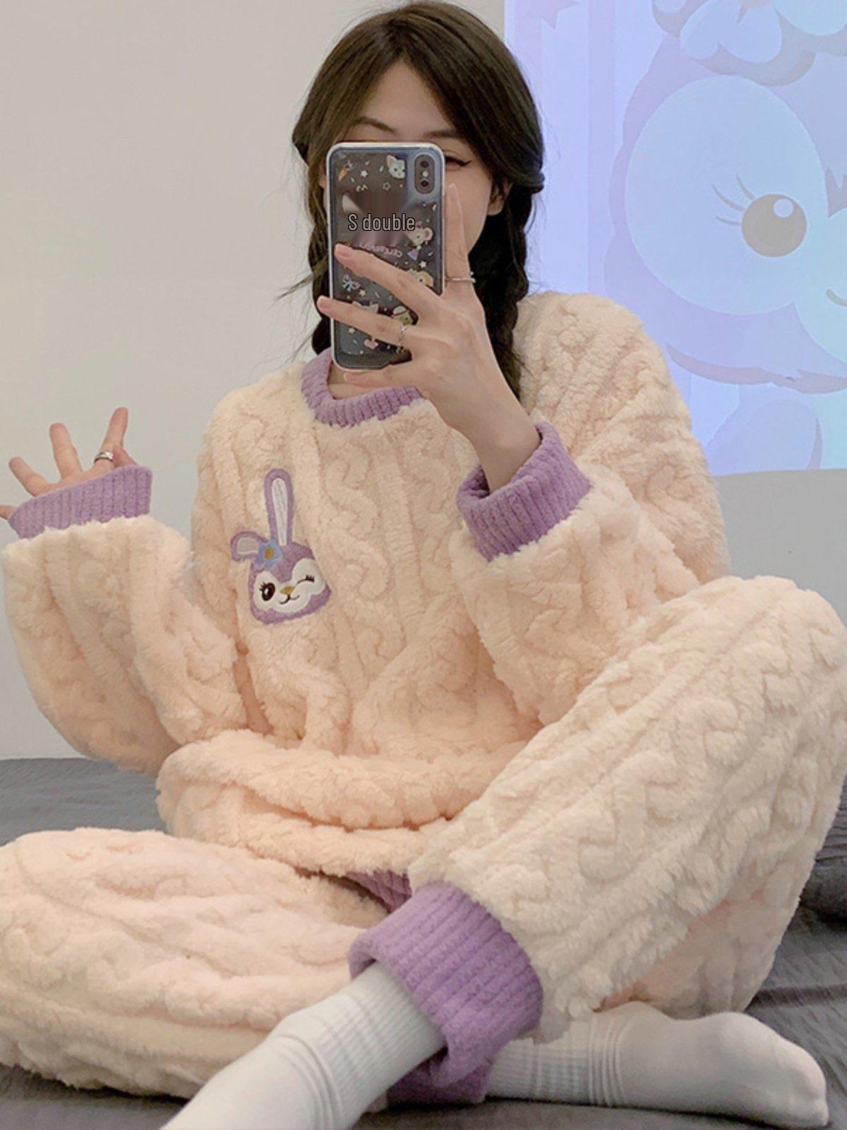 

Women s Winter Flannel Pajama Set, Long Sleeve Cartoon Coral Velvet Lounge Wear, Plus Size XL (110-120 jin)