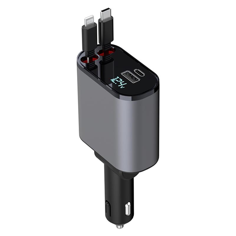 

PT16 66W Phone Charging Adapter USB + Type-C Port Car Charger with Type-C and 8-Pin Retractable Cable