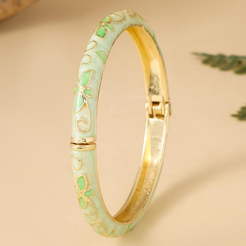 Floral Design Enamel Cloisonne Bangle Vintage Golden Trim Non-Tarnish Jewelry for Girls Daily Wear Valentine's Day Gift
