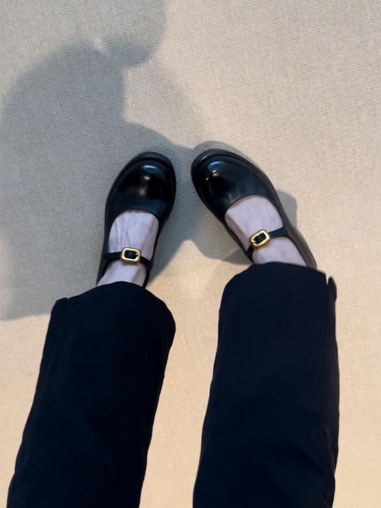 Cowhide Retro Platform Loafers Women's Genuine Leather One-word Buckle Light Mouth Single Shoes Women's Thick Heel French Mary Jane Small Leather Shoe