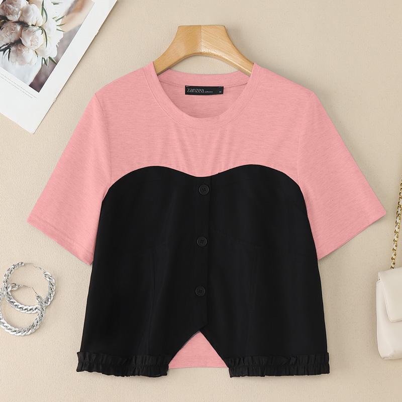 

ZANZEA Women Casual Round Neck Summer Patchwork Short Sleeve T-Shirt 5XL розовый