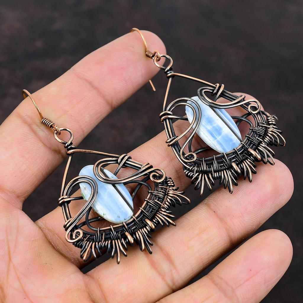 Owyhee Blue Opal Copper Earring Copper Wire Wrapped Earring Unique Jewelry Dainty Gemstone Earrings Handmade Earring Copper Jewelry For Gift