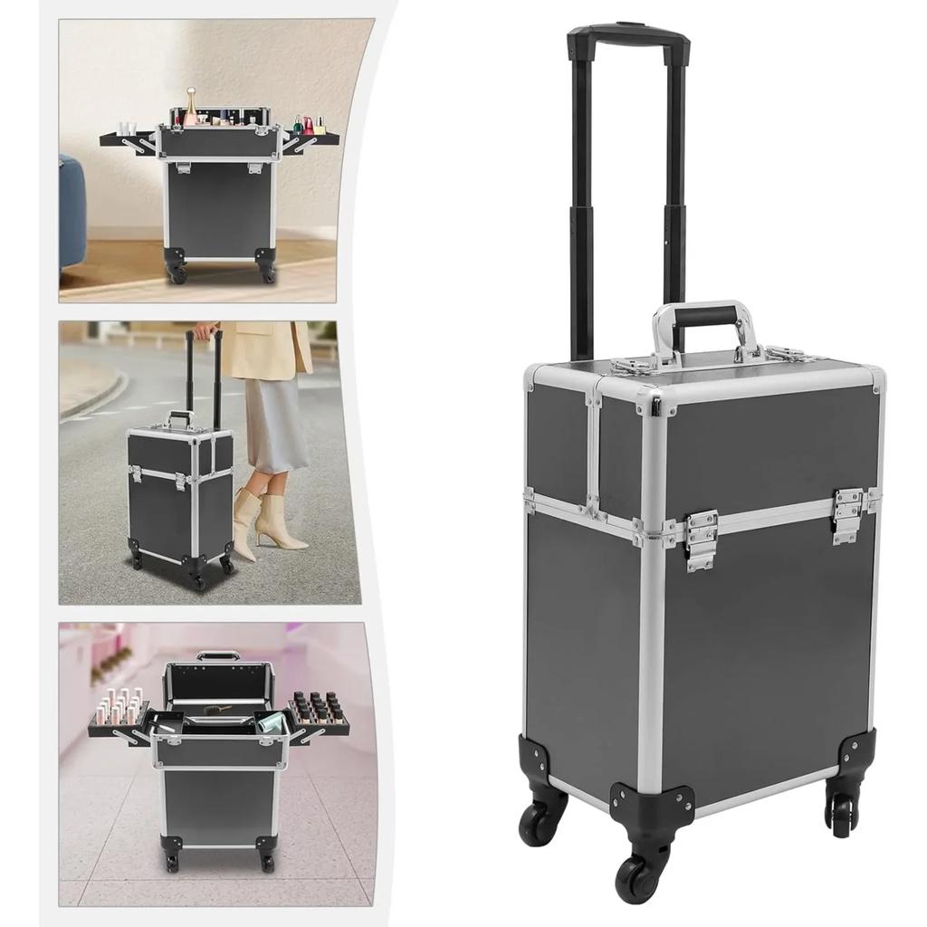 Travel Beauty Luggage Portable Large Capacity Makeup Train Case, with 2 Keys and 4 Universal Wheels Black/Pink