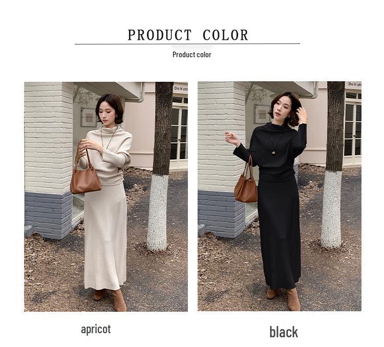 Korean Style Women's Knit Top & High Waist Skirt Set with Buttoned Waist-cinching and Loose High Neck Design