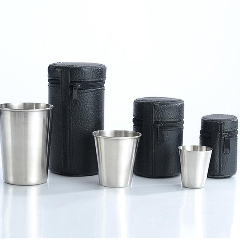 4Pcs Stainless Steel Mugs with Cup Cover Outdoor Portable Wine Cup 30ml/70ml/170ml Mini Reusable Mugs for Juice Beer Whisky