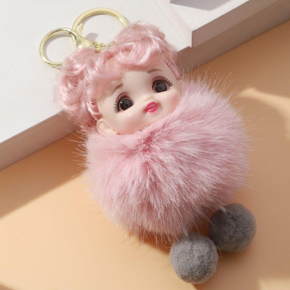 Soft Pompom Baby Keychain Pink Hair Fluffy Doll Keyring Fashion Plush Dolls Pendant  Girl