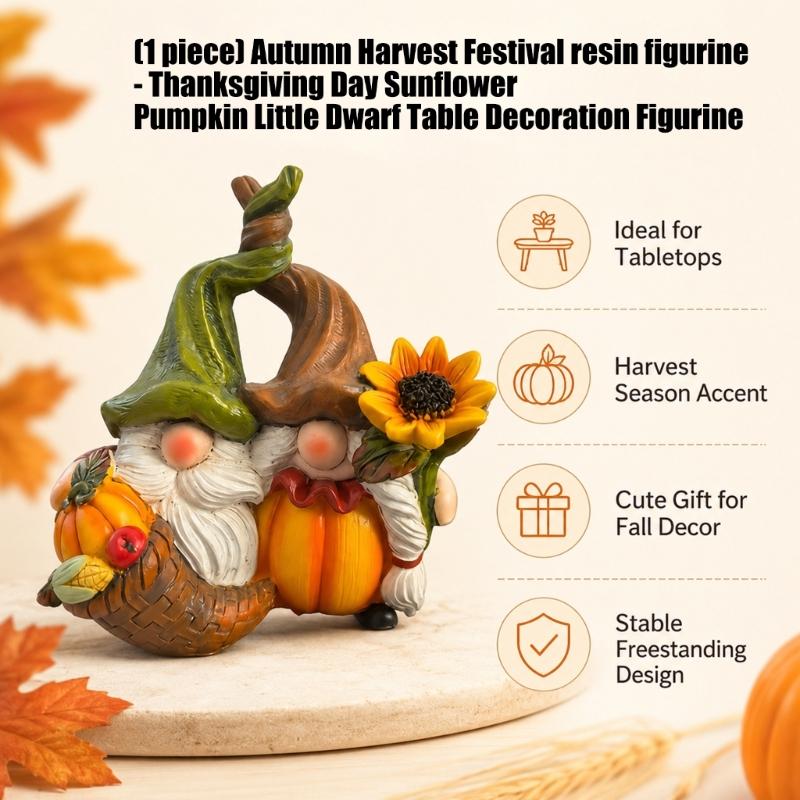 Holiday Table Accent for Thanksgiving, Small Dwarf Figurine with Gourd Body and Flower Trim for Shelf, Book Shelf or Entry Display, Approx. 4.5 x 4.5