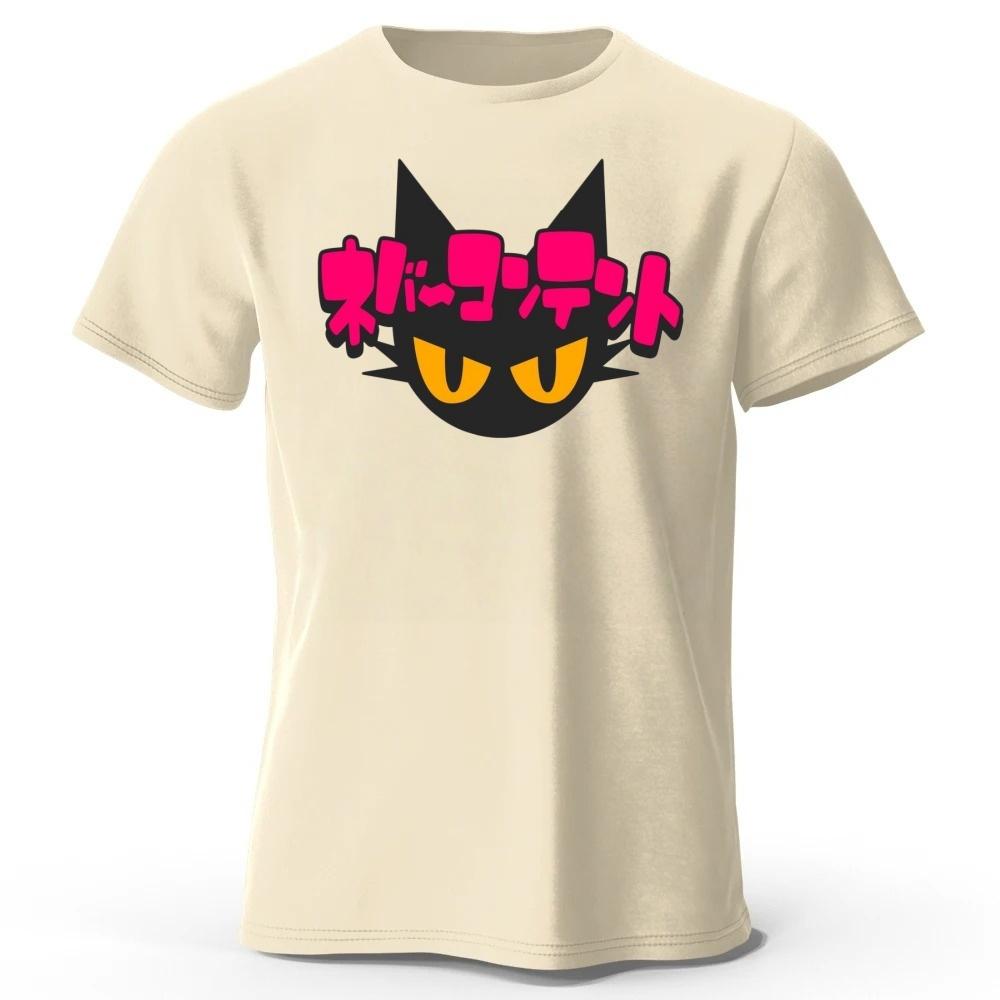Japanese New Cyberpunk Neon Black Cat Pure Cotton Tshirt Mens Loose Oversized Short Sleeved Tshirt Casual Round Neck Top