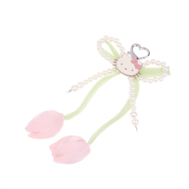 Ins Fresh Tulip Hello Kitty Keychain Y2K Trendy Sweet Imitation Pearl Bowknot Keyring Bag Pendant Backpack Hanging Decor Gift