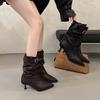 Temperament Pleated Piled Boots Women's Autumn and Winter New Pointed Toe Thin Heel Medium Boots Belt Buckle High Heel Thin Boots