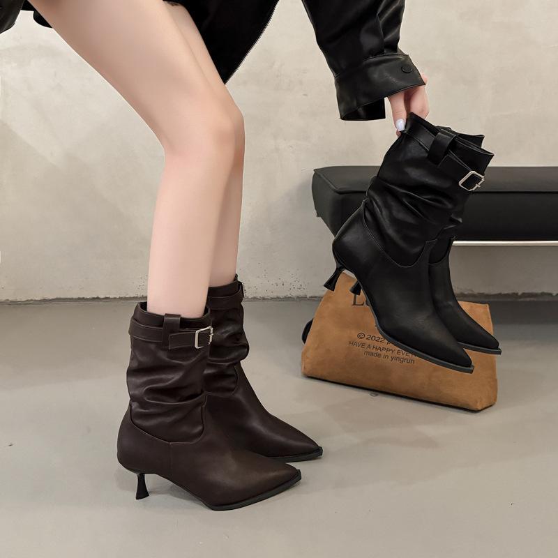 Temperament Pleated Piled Boots Women's Autumn and Winter New Pointed Toe Thin Heel Medium Boots Belt Buckle High Heel Thin Boots
