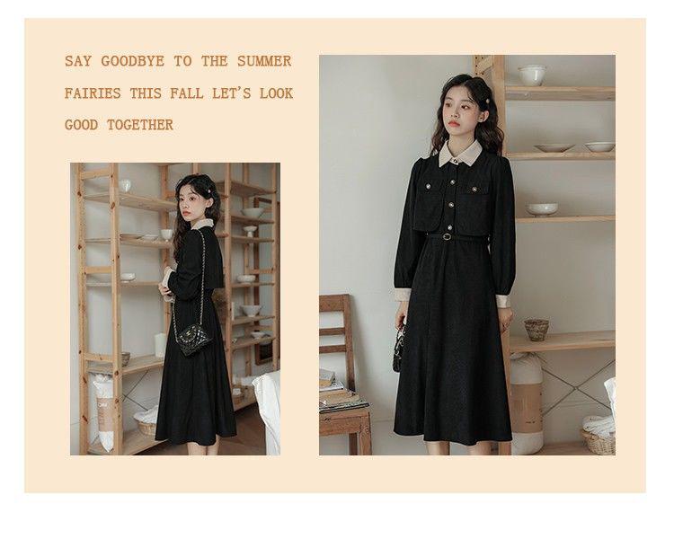 Elegant French Retro Waist-Cinched Corduroy Dress for Women - Slimming, Two-Piece Faux Design for Spring and Autumn
