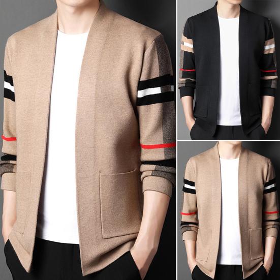 Long Sleeves Pockets Thickened Warm Cardigan Sweater Men Autumn Winter Patchwork Color