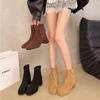 French 2025 Autumn and Winter New Thick Heel Round Head Thin Middle Heel Back Zipper Suede High Heel Fashion Boots Women