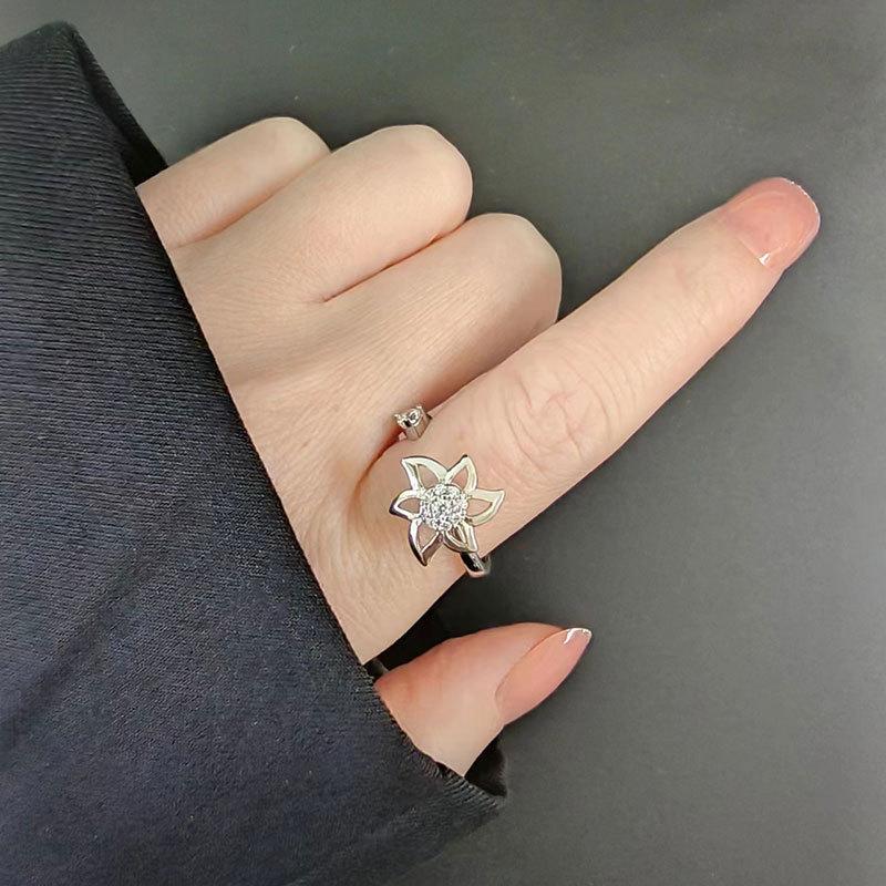 Offener Ring mit Zirkonia-Blume, Damen-Design, Nischenring, zweifarbig, Sonnenblume, doppelte Kamelie, personalisierbar, vielseitig verstellbar, Windmühlenring, Schmuck