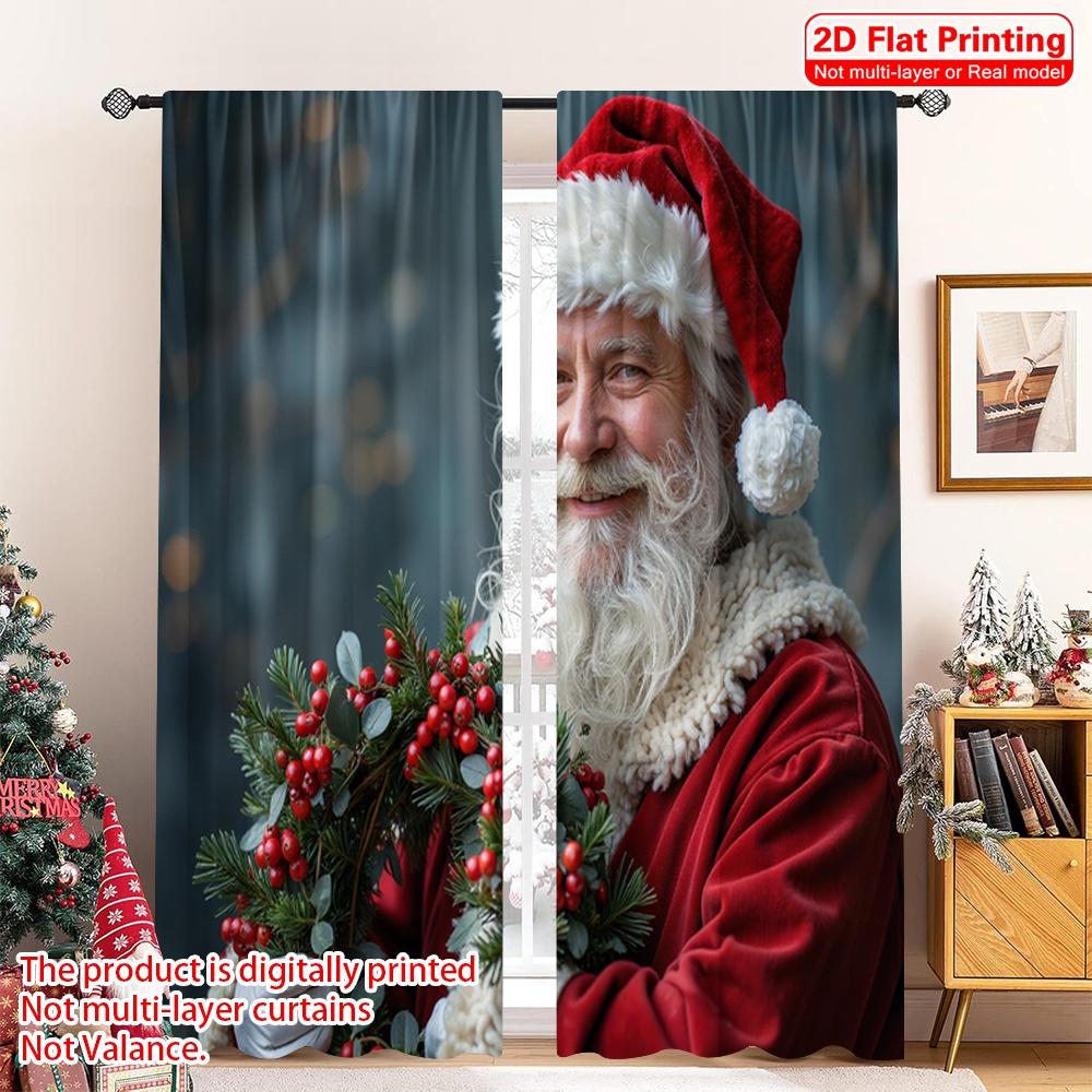 2pcs 2D Flat Printing Merry Christmas Window Drapes Santa Claus Holly Wreath Festive Christmas Fabric Without Electricity