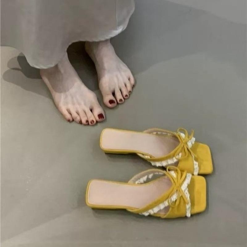 Fashion Fashion Lace Cross Bow Slippers Women's Summer New Square Toe Open Toe Soft Sole Low Heel Sandals