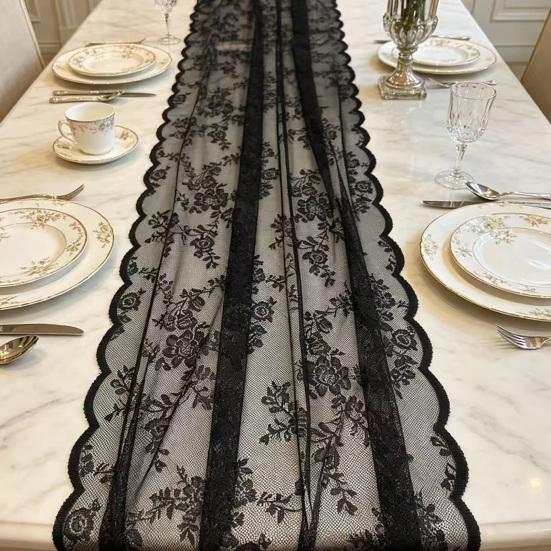 Yousheng French Lace Table Runner, Black & White Vintage Lace Runner for Coffee Table, Shoe Cabinet, Dining Table, Long Rectangular