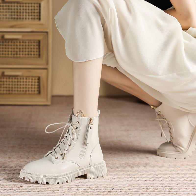 

Модные ботинки Мартина из мягкой кожи в студенческом стиле на шнуровке с круглым носком и боковой молнией, детские короткие ботинки на платформе в повседневном стиле для женщин 40 абрикосовый